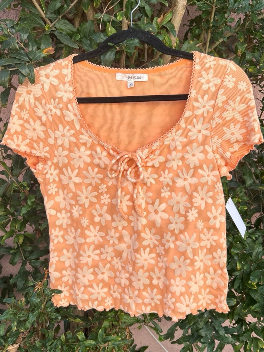 Rewind Peach Daisy Tie-Front Ribbed Crop Top